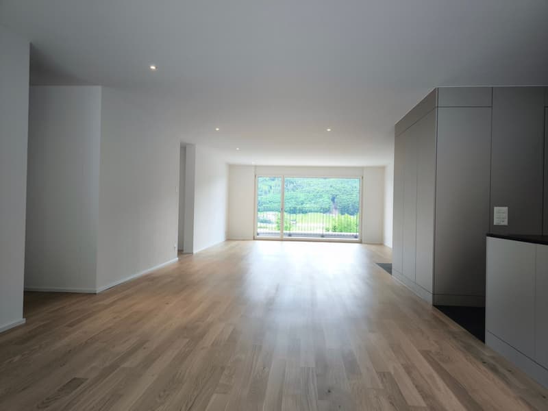 Empty room with hardwood floors, white walls, and a large glass door leading to a balcony.