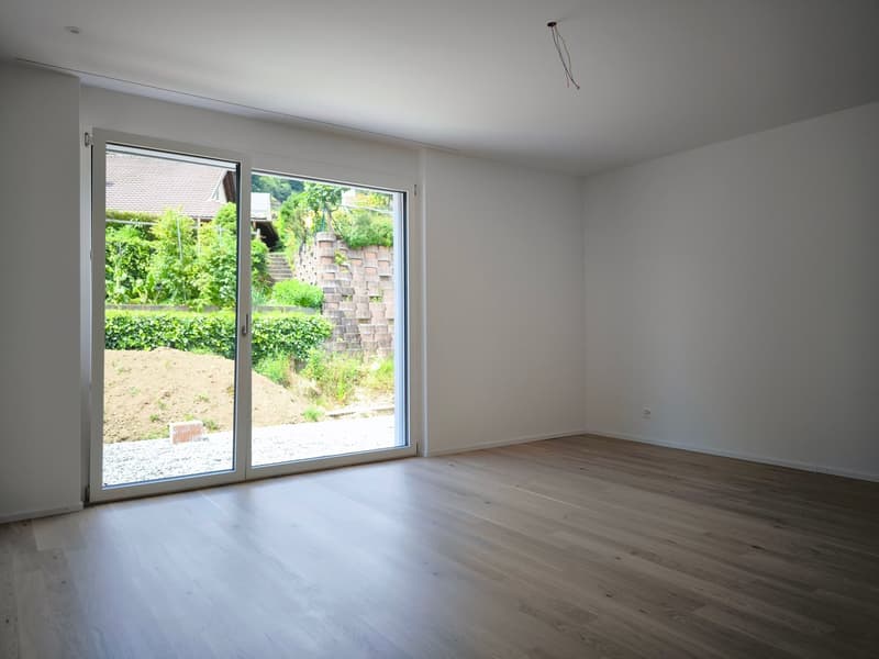 Empty room with white walls, wooden floor, and large sliding glass doors leading to a garden.