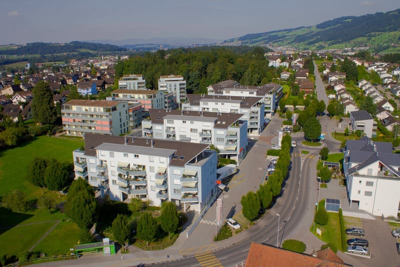 A complex of multiple multi-story residential buildings, each with several balconies, located on the outskirts of a town. There are numerous trees and green spaces around the buildings, as well as roads with cars parked.