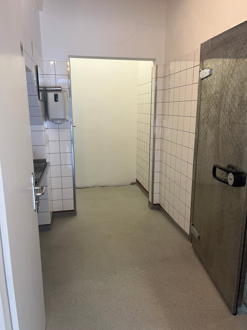 Bathroom with white tiles and gray tiled floor, steel handrails on walls, open door, sink, tissue dispenser, doors, hallway
