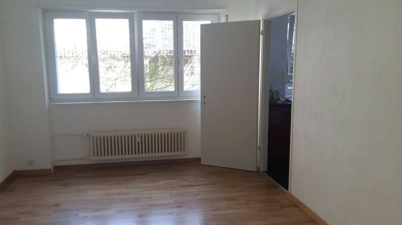 empty room, wooden floor, white walls, white radiator, open door