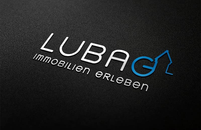 Black background with white and blue text, 'LUBAG Immobilien erleben' written in a modern font