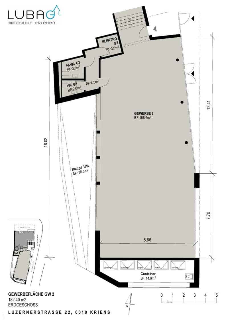 Floor plan of a commercial space with multiple rooms and areas labeled, including GEWERBE 2, WC G2, and N-WC G2.