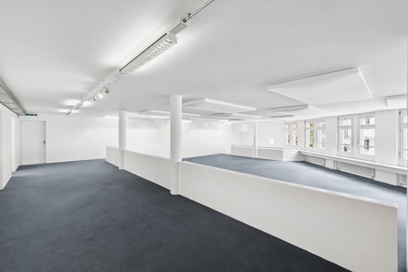 Empty room with white walls, ceiling, and floor, blue carpet, white pillars, windows, and radiators