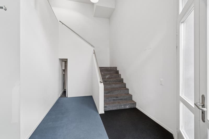 white walls, blue carpet, grey stairs, white door