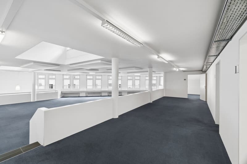 Empty room, white walls, blue carpet, white ceiling, windows, white railings, white pillars