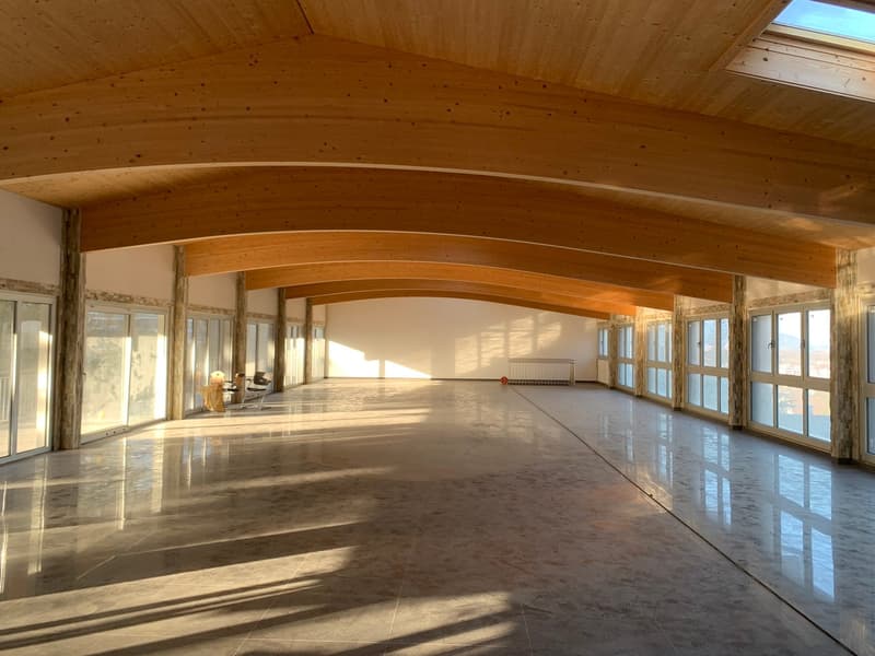 Large open space with high wooden ceilings, arched windows, and a polished marble floor. The room appears to be a spacious living or event area with plenty of natural light.