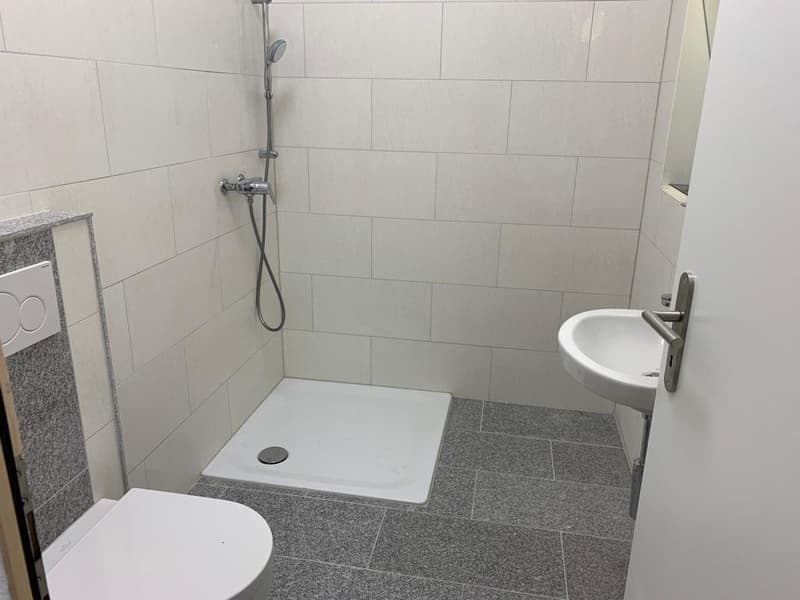 Small bathroom with white tiles, a white shower, a white sink, a white toilet and grey floor tiles.