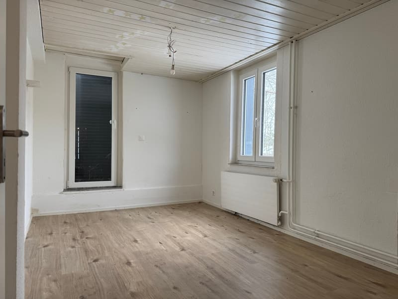 empty room, wooden floor, white walls, white ceiling, two windows, door, radiator