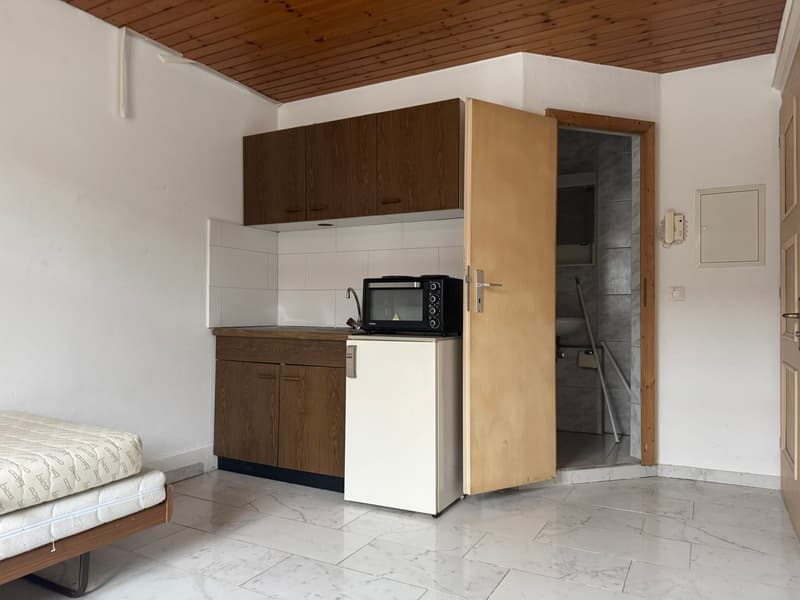 small kitchen with a microwave, fridge, sink, cabinets, and a bed