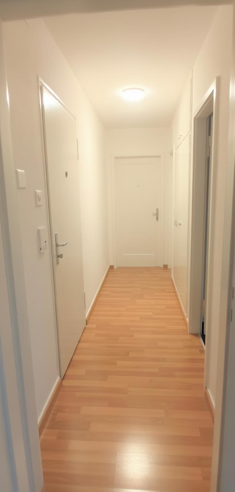 Empty hallway with wooden floor, white walls, two doors, and a ceiling light