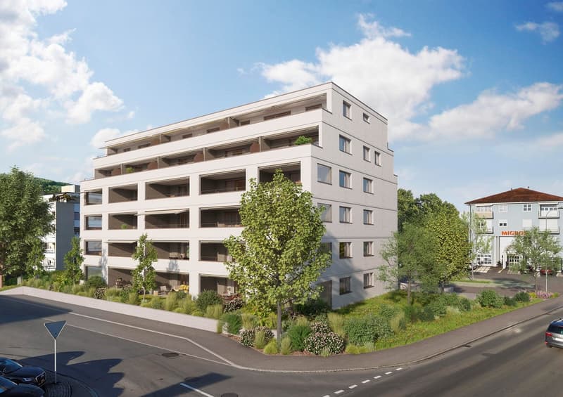 Multi-story residential building, white exterior, multiple balconies, landscaped area with trees and plants