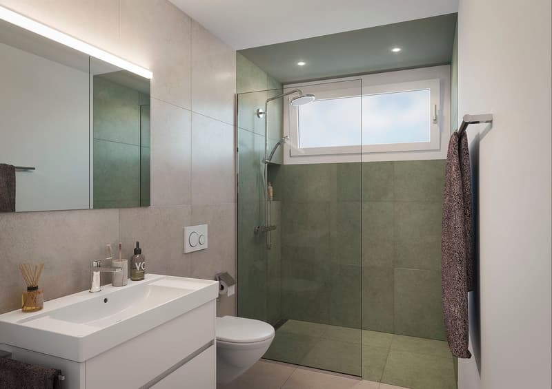 modern bathroom with white sink, mirror, shower, and toilet