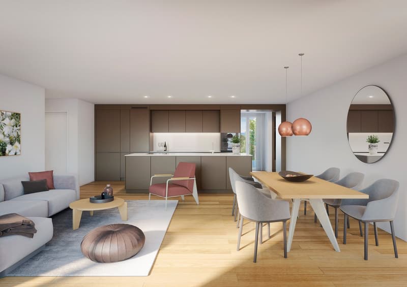 modern living room with wooden floor, white walls, dining table, chairs, couch, coffee table, kitchen with cabinets, sink, and faucet