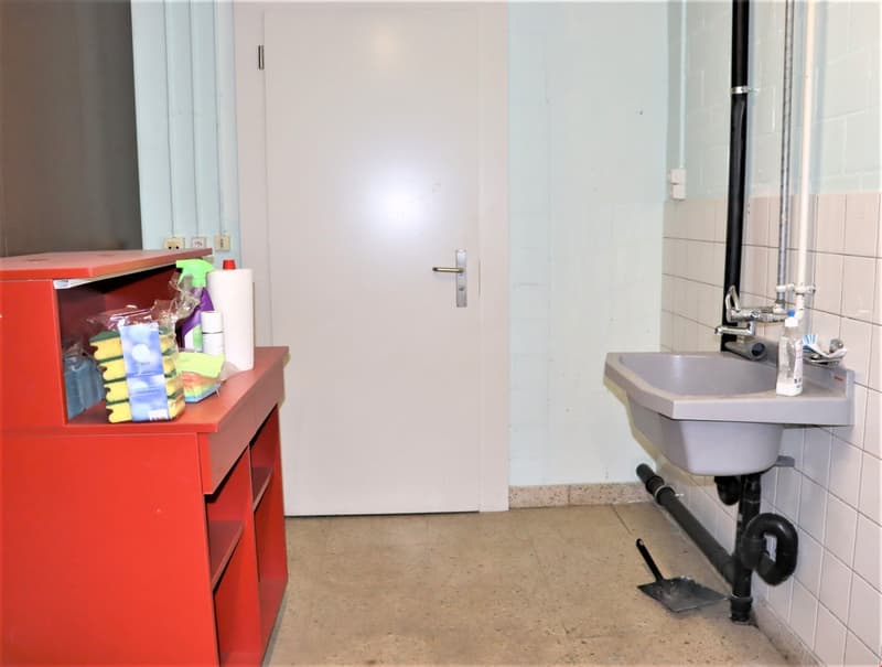 Bathroom with a sink, storage cabinet, and cleaning supplies visible.