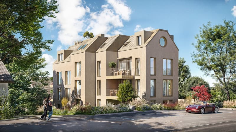 3 story residential building, modern architecture, balconies on second and third floor, roof terrace, large windows, landscaped garden