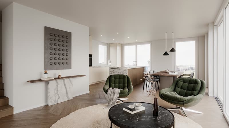 modern interior, wooden floors, green chairs, marble table, large windows, balcony, dining area