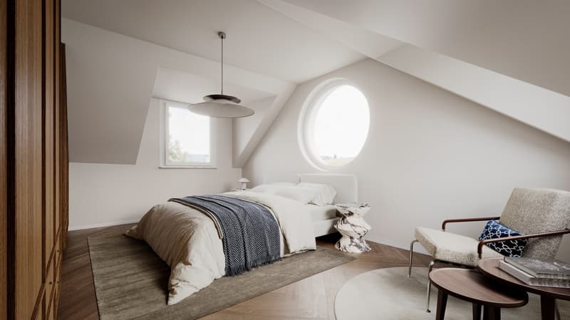 wooden floor, circular window, pendant light, bed, night stand, lamp, round rug, chair, round table, books