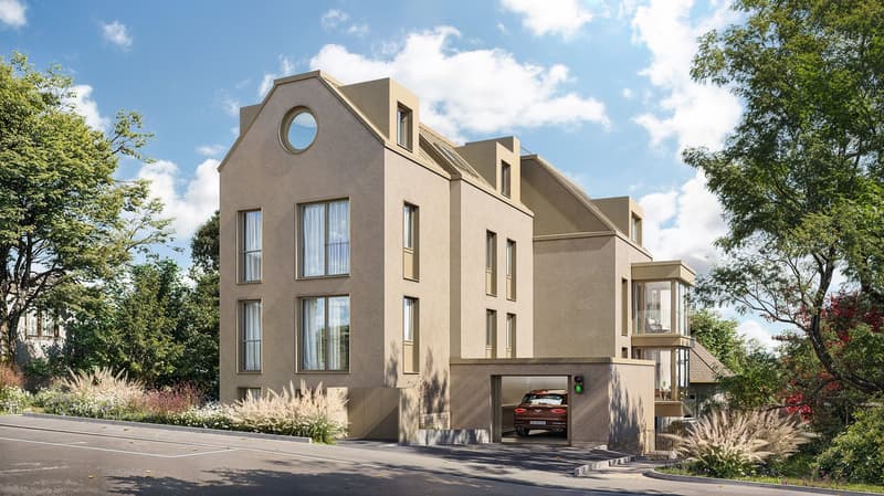 3 story house, beige exterior, circular window, garage, car parked