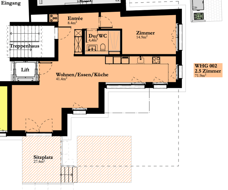 Entrance, living/dining/kitchen, 2 bedrooms, bathroom, lift, seating area