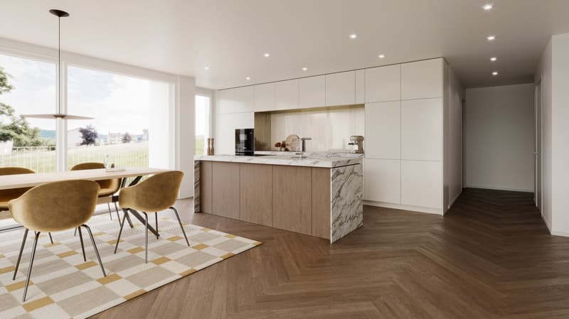 modern kitchen with island, marble countertop, white cabinets, wooden floor, large windows, dining table, chairs