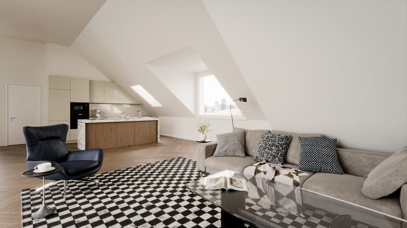 modern living room with wooden floor, open kitchen, sofa, coffee table, armchair, coffee cup, open windows, open ceiling