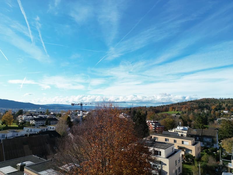 Aerial view of a town with buildings, trees, and a crane in the distance