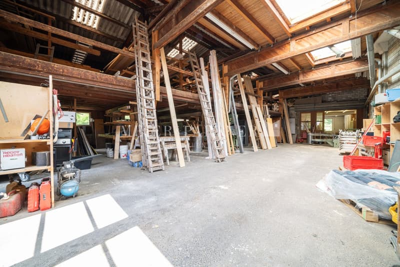 Large open space with wooden beams and trusses, various tools and equipment stored, ladders and shelves lining the walls, concrete floor