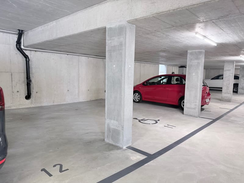Underground parking area with two levels, concrete walls and ceiling, numbered parking spaces, disabled parking sign, white ceiling lights, pipes on walls