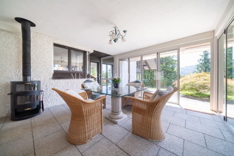 Fireplace, sliding doors, large glass table, wicker chairs, ceiling lamp, wood stove