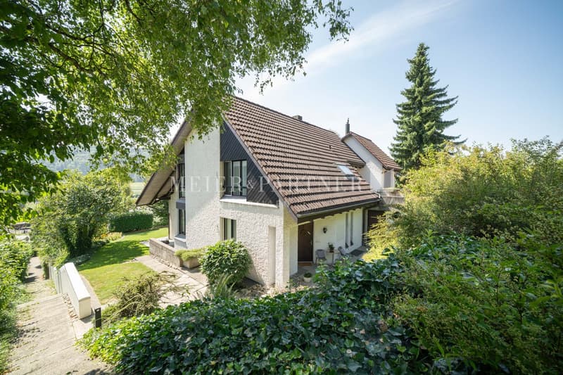 Detached house, white exterior, brown roof, raised ground floor, surrounded by greenery, stairs leading to entrance