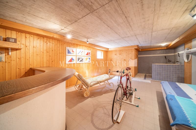 A room with wooden walls, a bicycle, a chaise lounge, a small desk, a tiled floor, a bed, and a shower room with tiled walls.