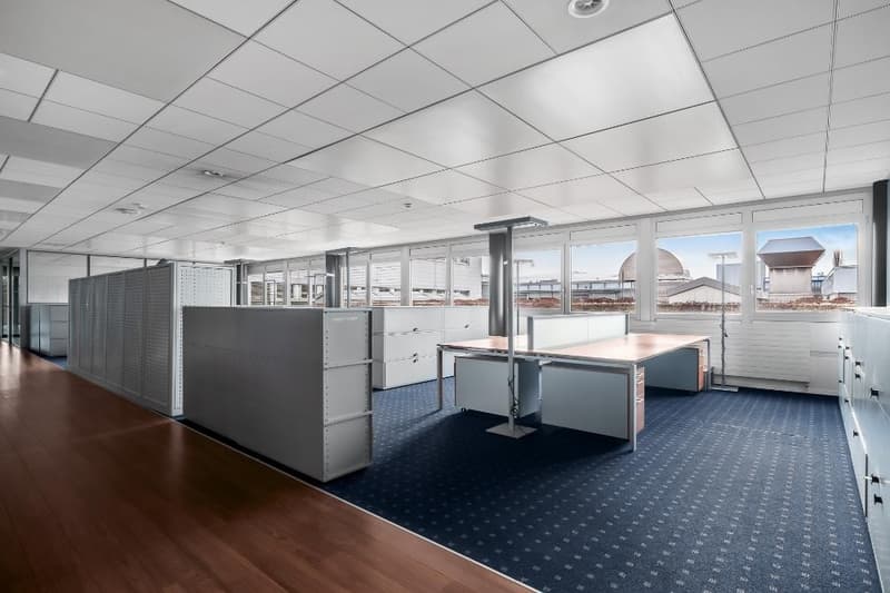 Large open office space with cubicles, desks, and storage units. The space has a view of a city skyline through the large windows. The floor is covered with a blue patterned carpet and the ceiling has a grid of white panels.