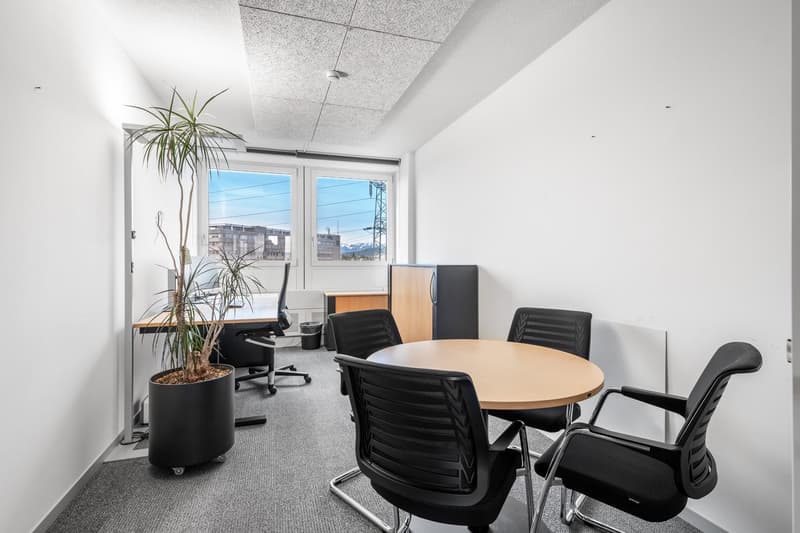 empty room, two round tables, black chairs, one desk, large window, tall potted plant