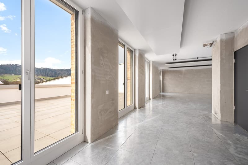Empty corridor, large windows, concrete floor, view of a terrace