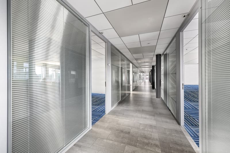 office hallway, glass doors, white tiles, gray floors, blue carpeted entrance, high ceiling