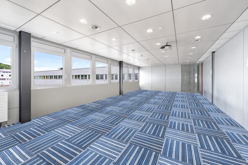 modern office space, blue and white striped flooring, large windows, overhead lighting
