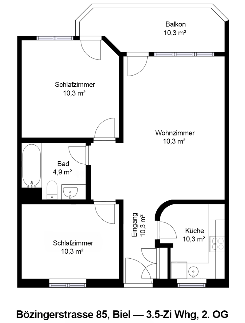 Floor plan for a 3.5 room apartment, including living room, kitchen, 2 bedrooms, bathroom, and balcony