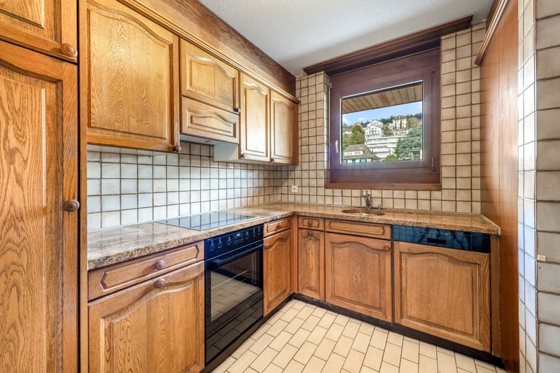 modern kitchen, wooden cabinets, granite countertops, built-in oven and stove, dishwasher, private washing machine, window with tiled wall