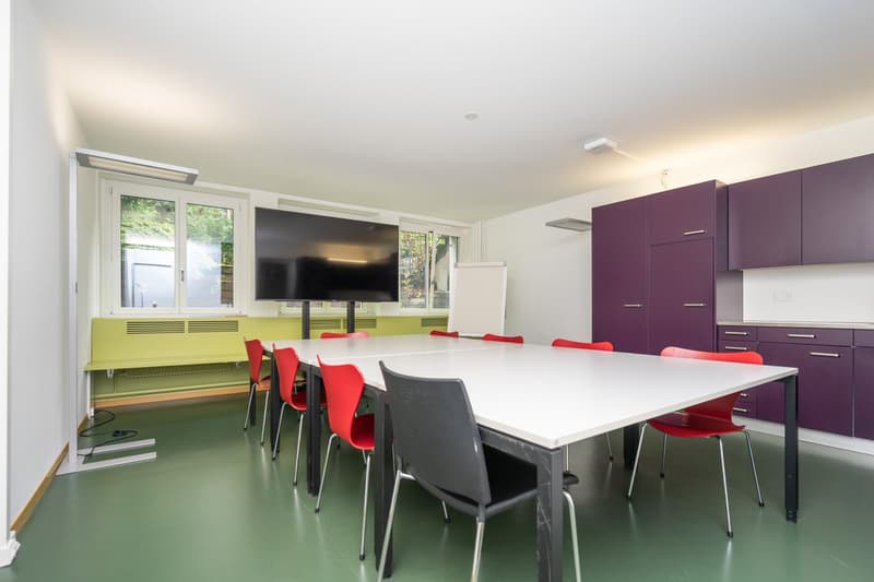 Conference room with long table, red chairs, flat screen TV, whiteboard, green floor, purple cabinets