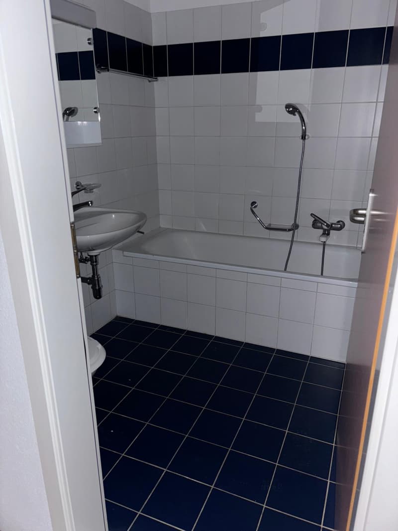 The image shows a bathroom with a tiled floor, white walls, and a bathtub with a shower head. There is a sink and faucet visible as well.
