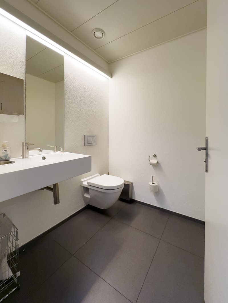Modern bathroom, white tiles, white sink, modern vanity, mirror, toilet, white walls, white lighting