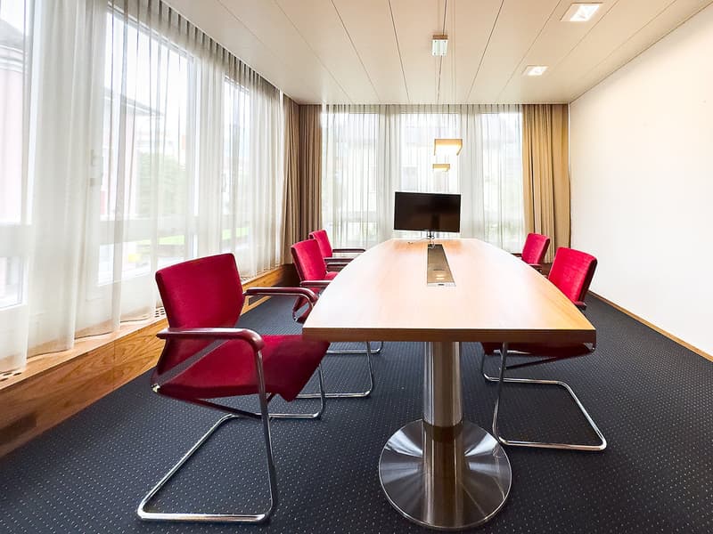 Meeting room, long table, red chairs, white walls, carpeted floor, large windows, monitor on table, ceiling lights