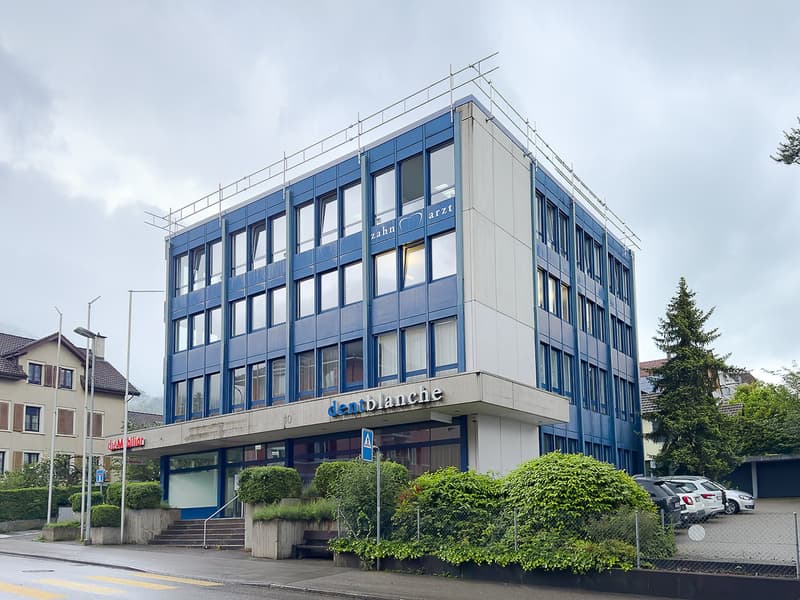 Modern office building, blue exterior with white accents, large windows, signage for 'dentblanche', several cars parked in front