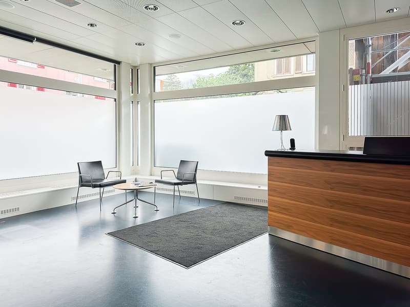 Large windows, white walls, modern decor, desk, chairs, black rug, desk lamp, wooden desk, open seating area
