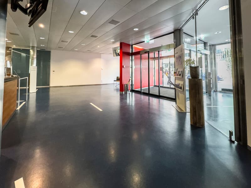 Empty hallway, glass walls, black floor, white ceiling, reception desk, sliding doors