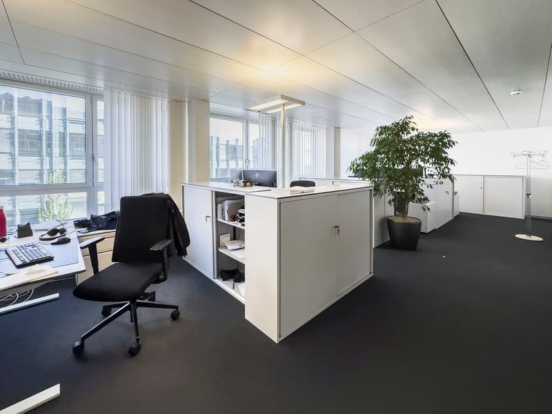 modern office layout, desks, chairs, plant, glass window, monitors, keyboard, books, clothes rack