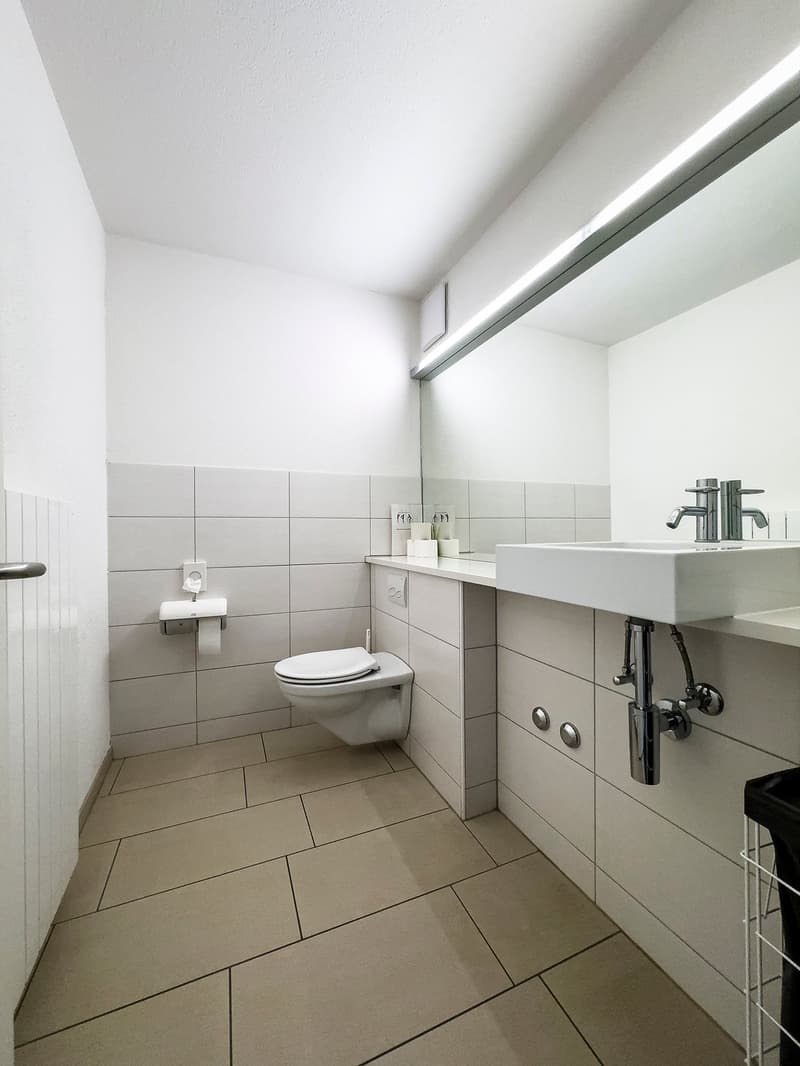Spacious bathroom with white tiles, a toilet, a sink with a faucet, and a cabinet with a washing machine and dishwasher.