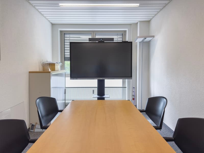 A modern conference room with a large wooden table, black leather chairs, and a mounted flat-screen TV on a stand. The room has a minimalist design with white walls and a suspended ceiling with linear lighting fixtures.