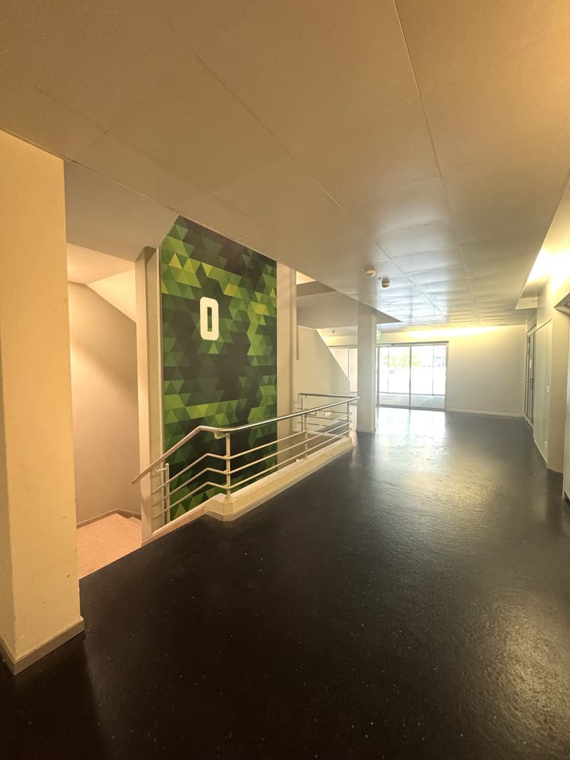 The image shows a long hallway with a geometric green and yellow patterned wall on the left side. The hallway has a concrete floor and a white ceiling with recessed lighting. There is a metal railing along the right side of the hallway.